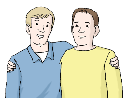 Zwei Personen legen einen Arm umeinander. Beide lächeln. 